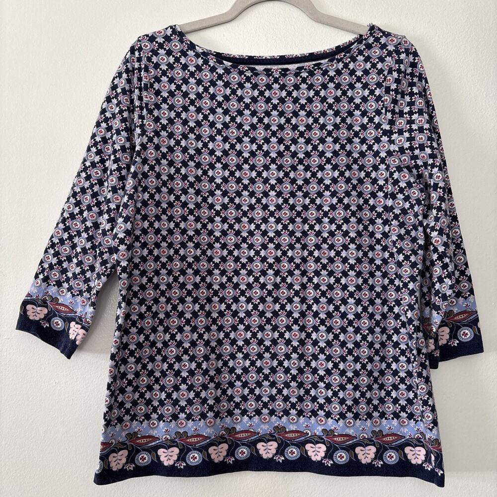 Talbots Plus Cotton Spandex Boat Neck Primrose Border 3/4 Sleeve Shirt Size 1X